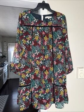 LOFT Pink, Teal & Yellow Floral Chiffon Dress